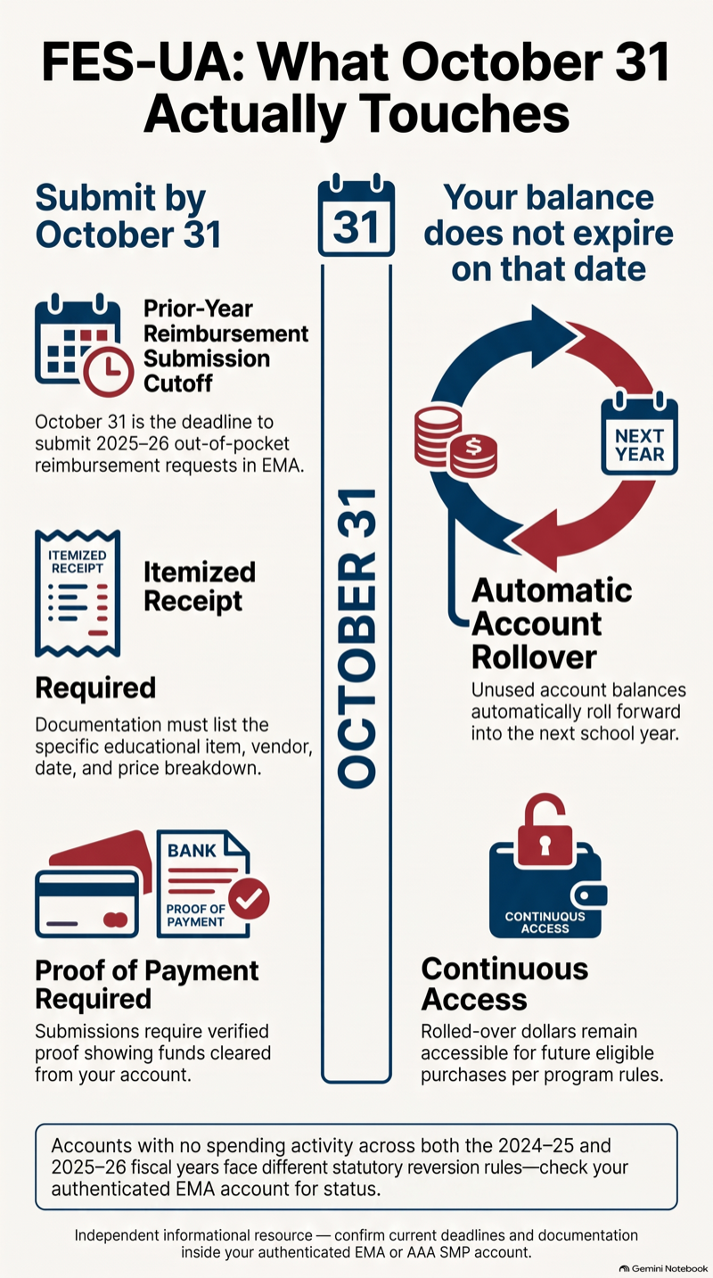 Infographic contrasting what the October 31 FES-UA deadline does and does not affect: parents must submit 2025–26 out-of-pocket reimbursement receipts in EMA by October 31, while the scholarship account balance itself rolls over and does not expire on that date.