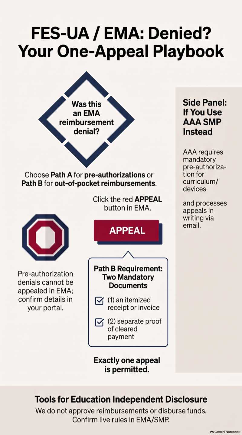 Decision-tree infographic for an EMA reimbursement denial: pre-authorization denials cannot be appealed, while reimbursement denials get exactly one in-portal appeal requiring an itemized receipt and separate proof of payment; a side panel contrasts the AAA SMP written-appeal process.
