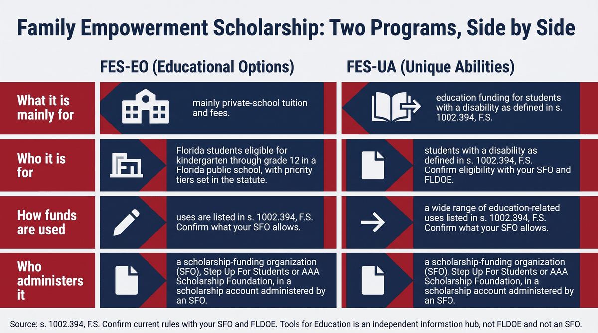 A two-column comparison titled "Family Empowerment Scholarship: Two Programs, Side by Side." The left column is FES-EO (Educational Options) and the right column is FES-UA (Unique Abilities). What it is mainly for: FES-EO is mainly private-school tuition and fees; FES-UA is education funding for students with a disability as defined in s. 1002.394, F.S. Who it is for: FES-EO is for Florida students eligible for kindergarten through grade 12 in a Florida public school, with priority tiers set in the statute; FES-UA is for students with a disability as defined in s. 1002.394, F.S., and says to confirm eligibility with your SFO and FLDOE. How funds are used: FES-EO, uses are listed in s. 1002.394, F.S., and you confirm what your SFO allows; FES-UA, a wide range of education-related uses listed in s. 1002.394, F.S., and you confirm what your SFO allows. Who administers it: for both, a scholarship-funding organization (SFO), Step Up For Students or AAA Scholarship Foundation, in a scholarship account administered by an SFO. A footer cites s. 1002.394, F.S., says to confirm current rules with your SFO and FLDOE, and says Tools for Education is an independent information hub, not FLDOE and not an SFO.