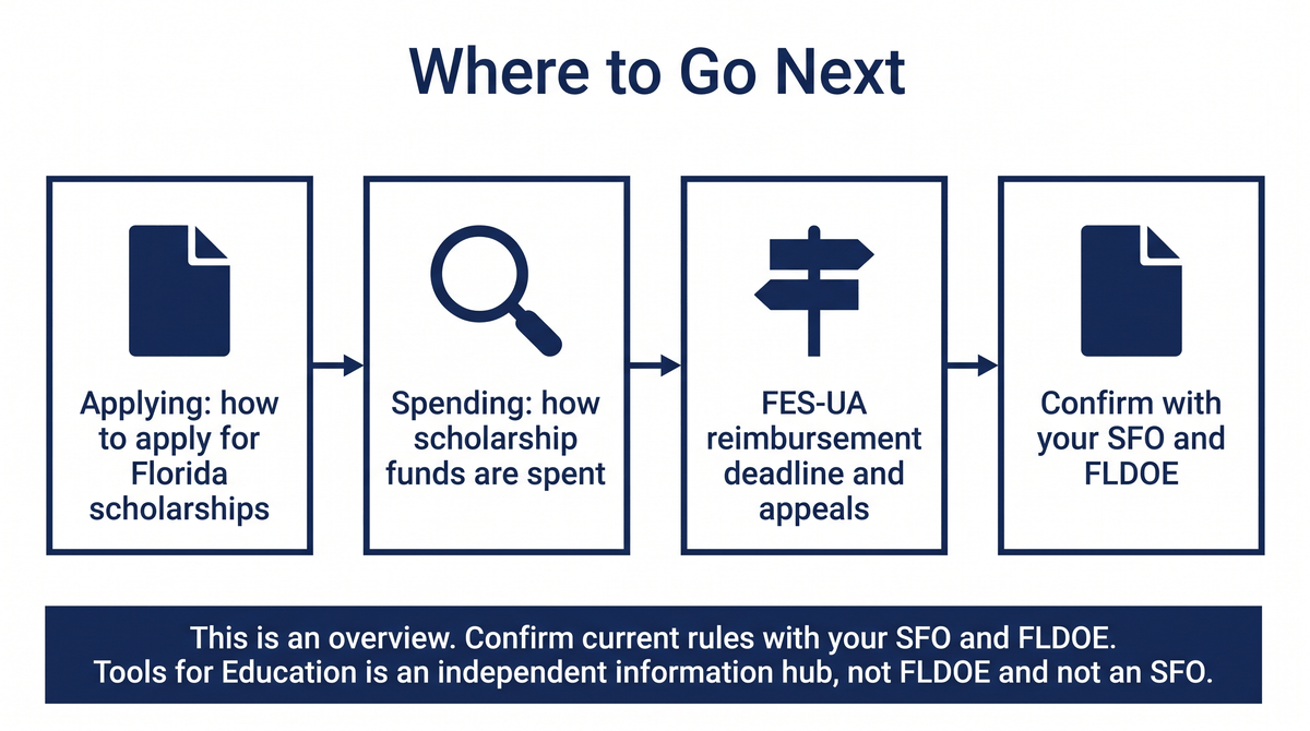 A left-to-right pointer map titled "Where to Go Next" with four boxes joined by arrows. Box 1: Applying, how to apply for Florida scholarships. Box 2: Spending, how scholarship funds are spent. Box 3: FES-UA reimbursement deadline and appeals. Box 4: Confirm with your SFO and FLDOE. A banner says this is an overview, to confirm current rules with your SFO and FLDOE, and that Tools for Education is an independent information hub, not FLDOE and not an SFO.