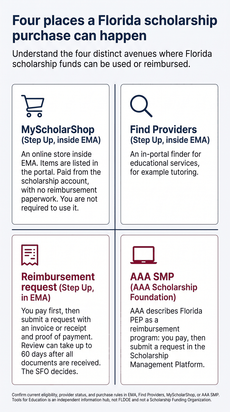 Four cards compare where a Florida scholarship purchase can happen. MyScholarShop (Step Up, inside EMA) is an online store with items listed in the portal, paid from the scholarship account, not required. Find Providers (Step Up, inside EMA) is an in-portal finder for educational services such as tutoring. A reimbursement request (Step Up, in EMA) means you pay first, submit an invoice or receipt and proof of payment, review can take up to 60 days after all documents are received, and the SFO decides. AAA SMP is AAA Scholarship Foundation's Scholarship Management Platform, where AAA describes Florida PEP as a reimbursement program. A footer says to confirm eligibility, provider status, and purchase rules in the portal, and that Tools for Education is an independent information hub, not FLDOE and not a Scholarship Funding Organization.