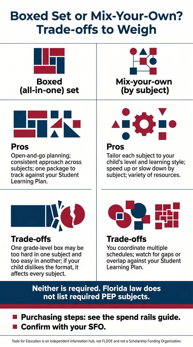 Two columns titled "Boxed Set or Mix-Your-Own? Trade-offs to Weigh." Boxed (all-in-one) set. Pros: open-and-go planning, consistent approach across subjects, one package to track against your Student Learning Plan. Trade-offs: one grade-level box may be too hard in one subject and too easy in another; if your child dislikes the format, it affects every subject. Mix-your-own (by subject). Pros: tailor each subject to your child's level and learning style, speed up or slow down by subject, variety of resources. Trade-offs: you coordinate multiple schedules; watch for gaps or overlap against your Student Learning Plan. A banner says neither is required and Florida law does not list required PEP subjects. Two closing lines: "Purchasing steps: see the spend rails guide." and "Confirm with your SFO." A footer says Tools for Education is an independent information hub, not FLDOE and not a Scholarship Funding Organization.