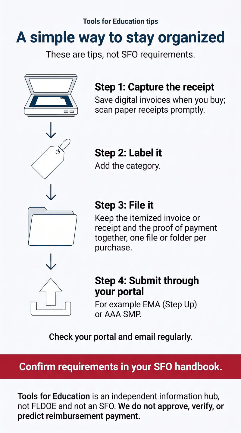 A four-step vertical flow labeled "Tools for Education tips" and titled "A simple way to stay organized", with the line "These are tips, not SFO requirements." Step 1, capture the receipt, shown with a flatbed scanner icon: save digital invoices when you buy; scan paper receipts promptly. Step 2, label it, with a tag icon: add the category. Step 3, file it, with a folder icon: keep the itemized invoice or receipt and the proof of payment together, one file or folder per purchase. Step 4, submit through your portal, with an upload-tray icon: for example EMA (Step Up) or AAA SMP. A closing line says "Check your portal and email regularly." A red banner says "Confirm requirements in your SFO handbook." The footer says Tools for Education is an independent information hub, not FLDOE and not an SFO, and does not approve, verify, or predict reimbursement payment.